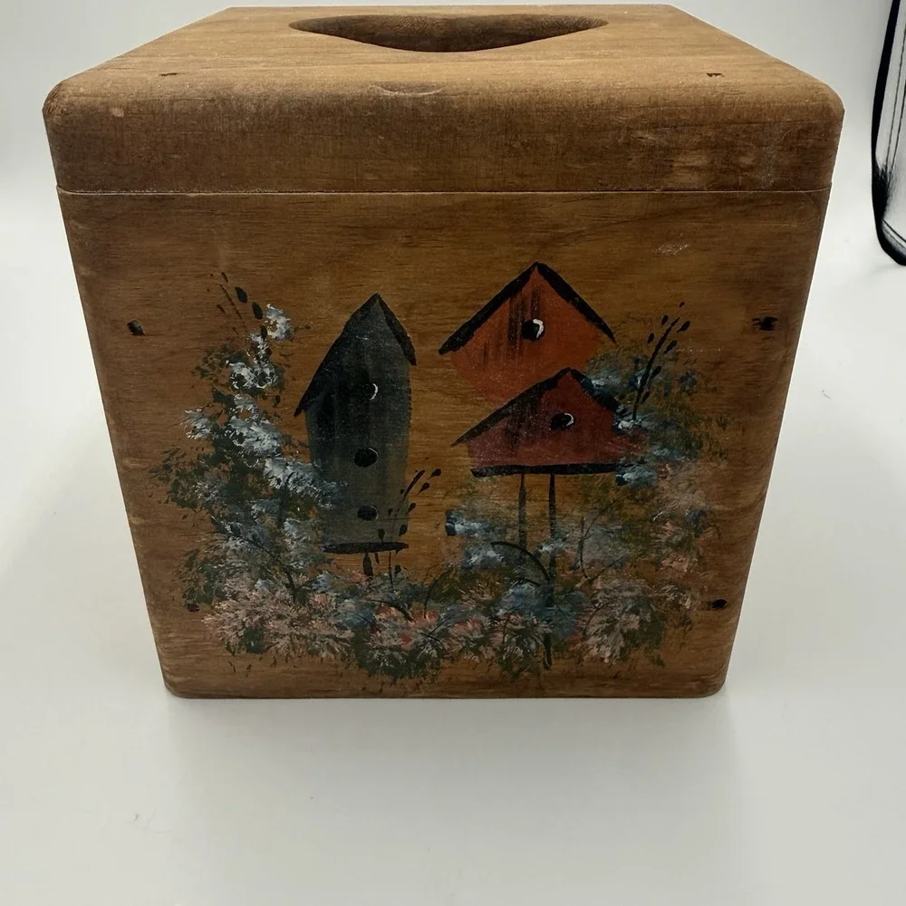 Vintage Hand Painted Wooden Heart Tissue Box Cover Birdhouse Folk Art 6x6